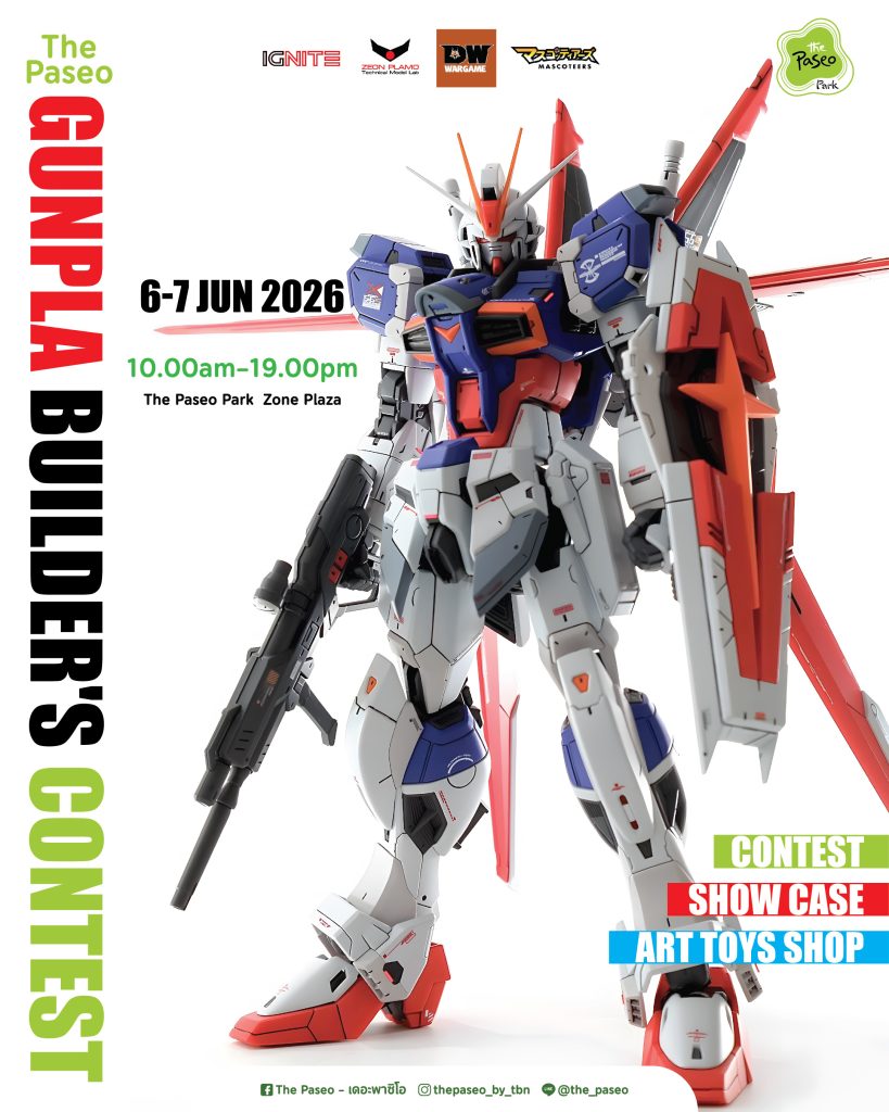 Promotional poster for a Gundam event at The Paseo Park (June 6–7, 2026, 10:00–19:00) featuring a large Gundam model.